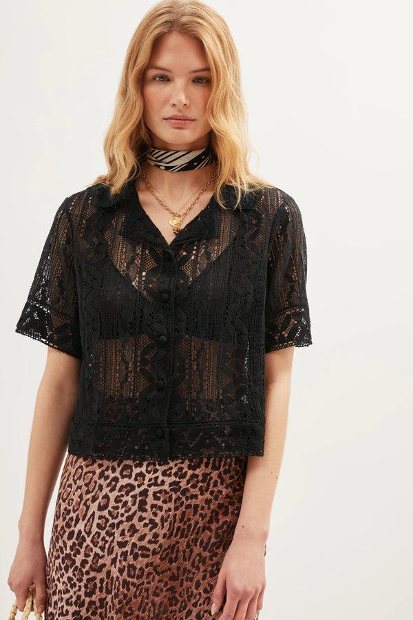 rixo Diona Crochet Shirt Black