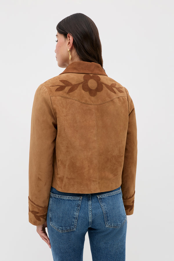 Rixo Dionne Suede Jacket Retro Daisy Applique Tan