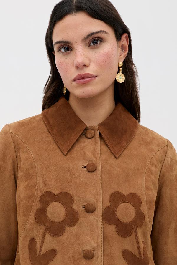 Rixo Dionne Suede Jacket Retro Daisy Applique Tan