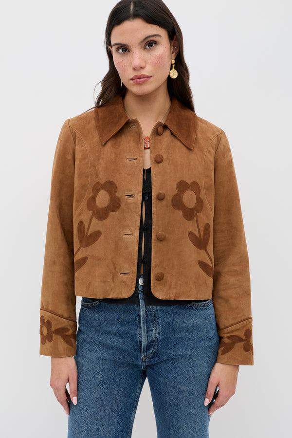 rixo Dionne Suede Jacket Retro Daisy Applique Tan