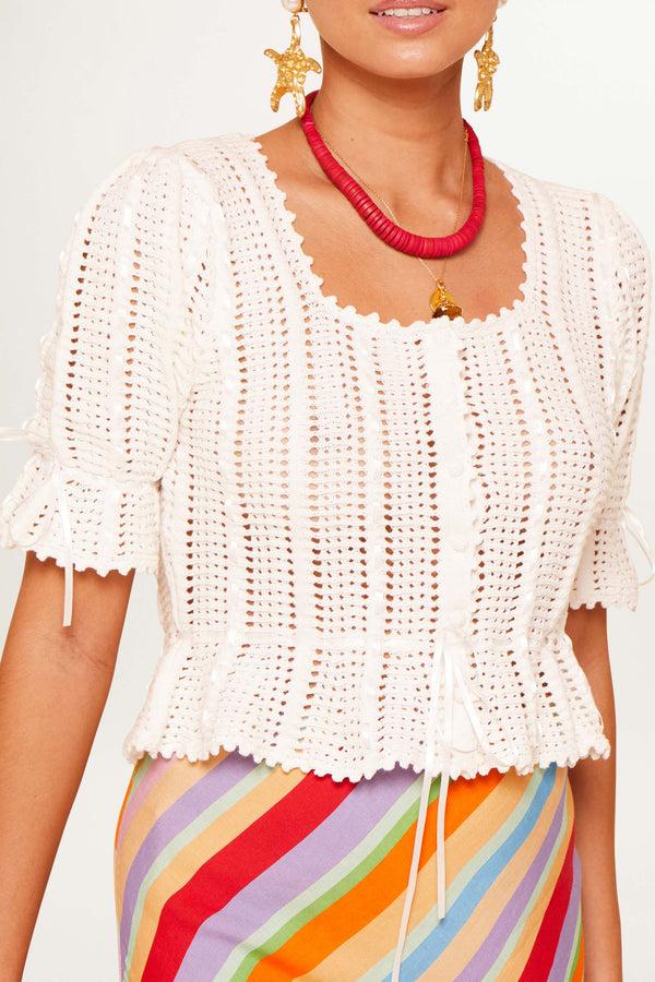 Rixo Dominika Knitted Cotton Cardigan White