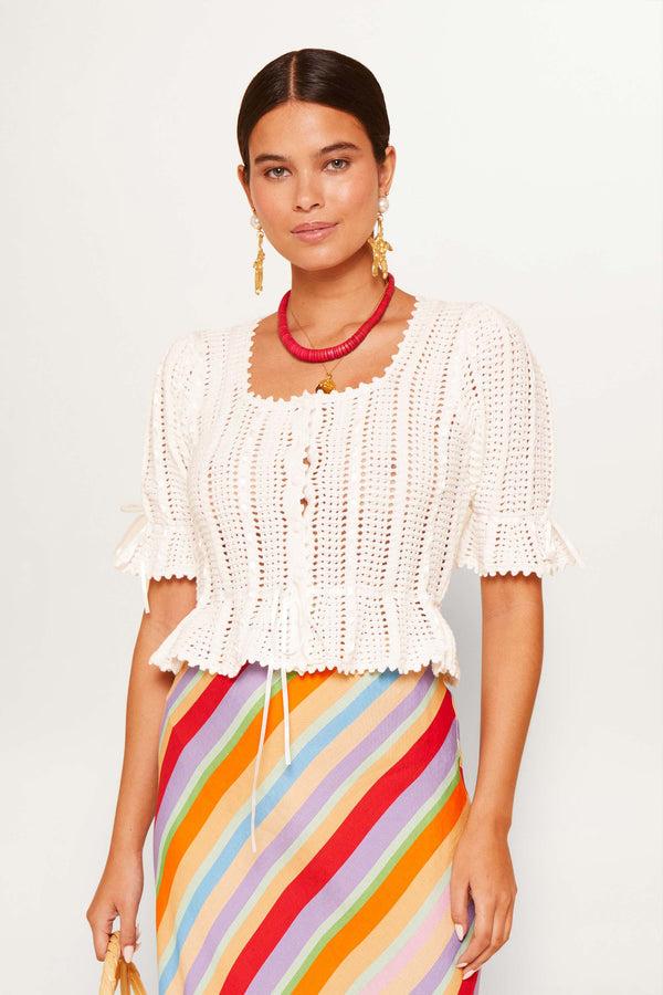 Rixo Dominika Knitted Cotton Cardigan White