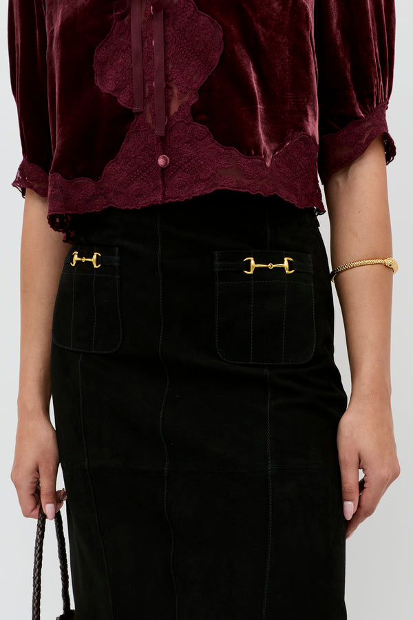 Rixo Edwina Suede Midi Skirt Black