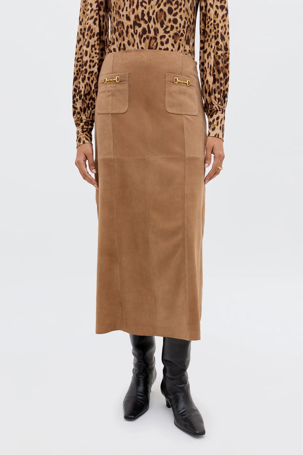 Rixo Edwina Suede Midi Skirt Camel