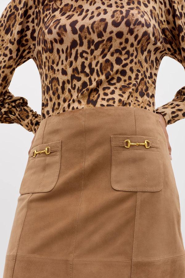 Rixo Edwina Suede Midi Skirt Camel