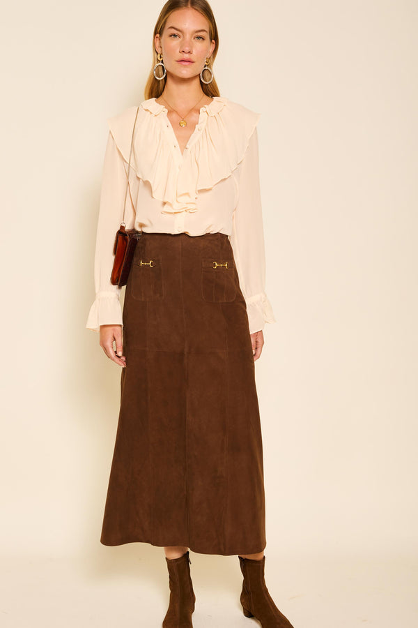 Rixo Edwina Suede Midi Skirt Tan