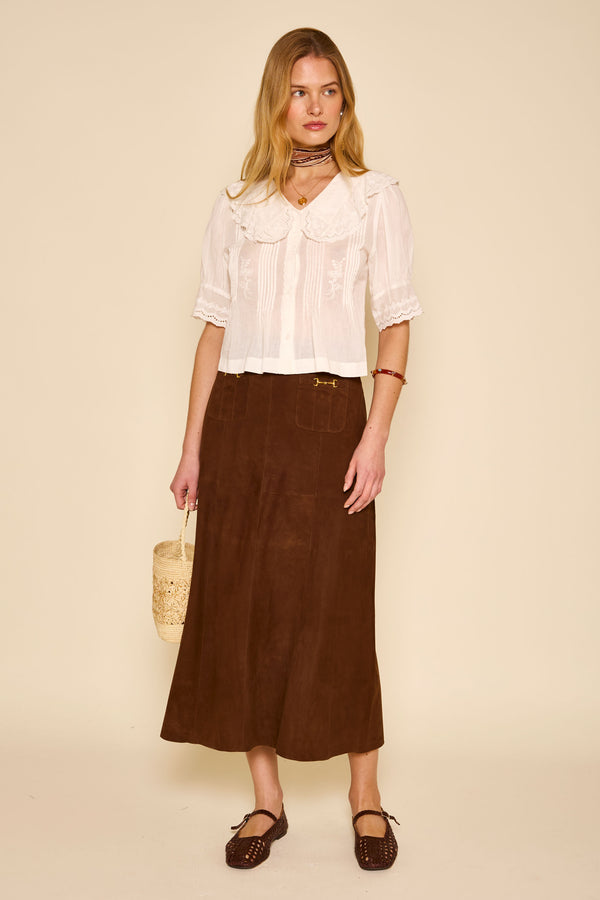 Rixo Edwina Suede Midi Skirt Tan