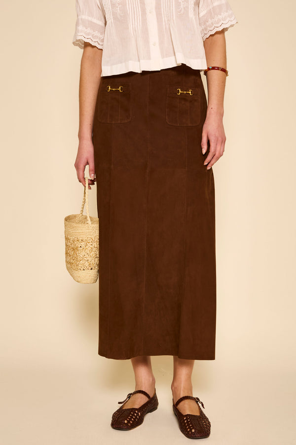 Rixo Edwina Suede Midi Skirt Tan