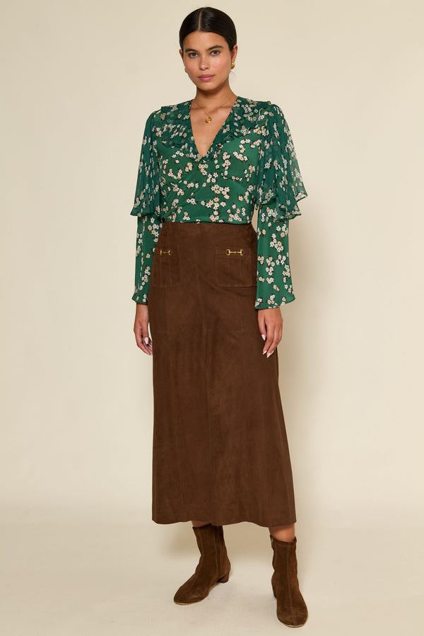 rixo Edwina Suede Midi Skirt Tan