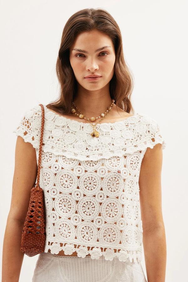 rixo Eimear Cotton Crochet Top White