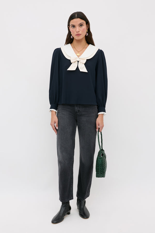 Rixo Eimer Silk Top Navy