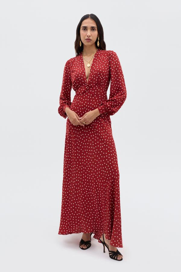 rixo Emory Silk Gown Layla Dot Red