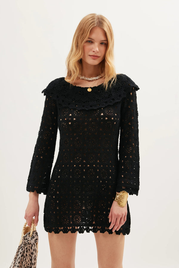Rixo Envalira Cotton Crochet Dress Black