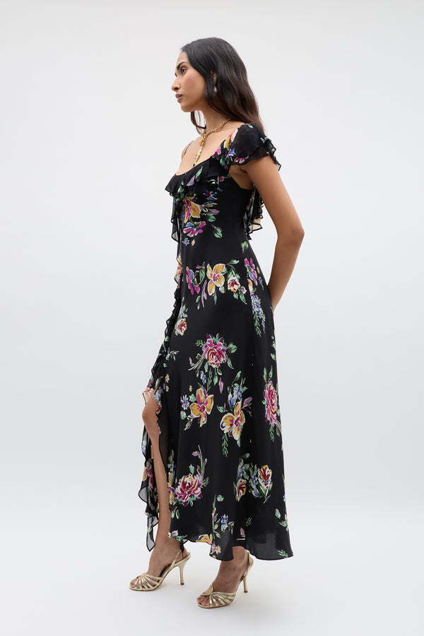 Rixo Ester Silk Maxi Dress Vintage Bloom Black