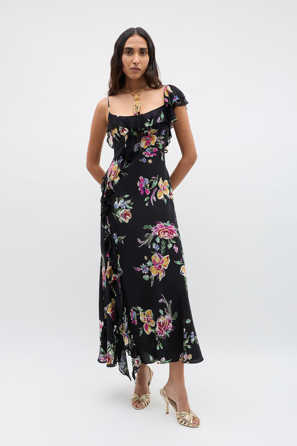 rixo Ester Silk Maxi Dress Vintage Bloom Black