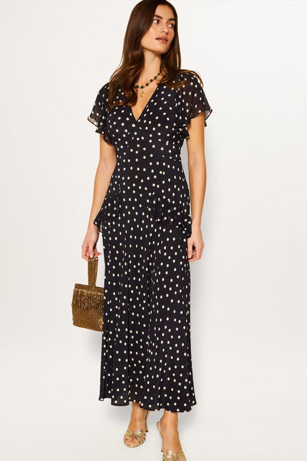 Rixo Evie Silk Dress Bohemia Spot Deep Navy