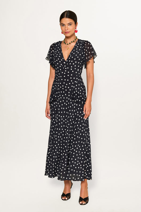 rixo Evie Silk Dress Bohemia Spot Deep Navy