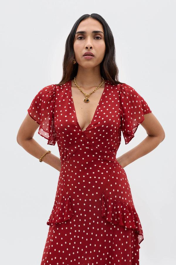 Rixo Evie Silk Dress Layla Dot Red