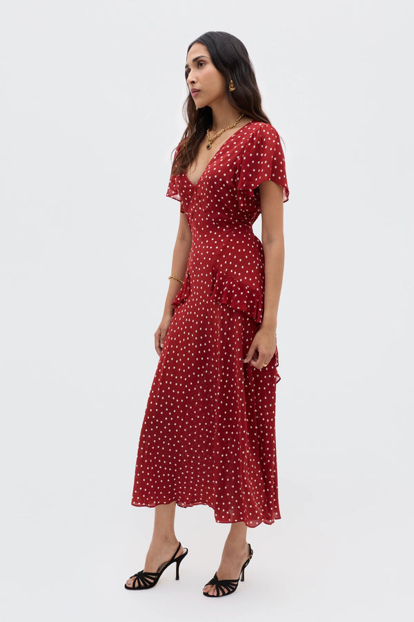 Rixo Evie Silk Dress Layla Dot Red