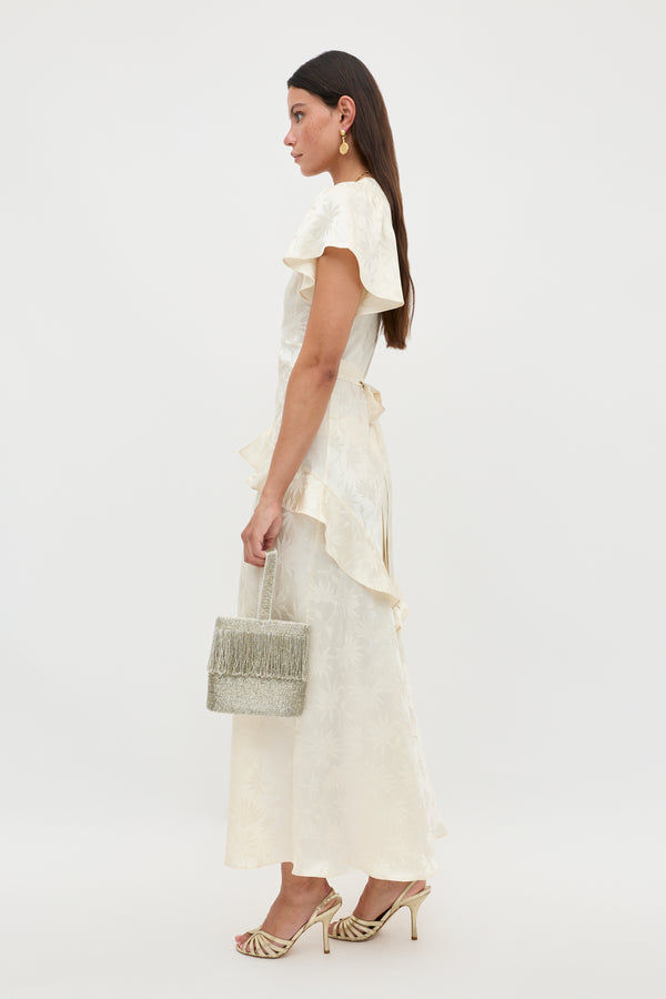 Rixo Evie Silk Midi Dress Daisy Jacquard Champagne