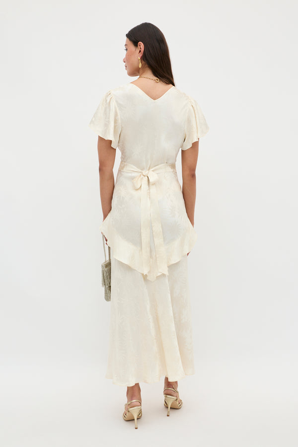 Rixo Evie Silk Midi Dress Daisy Jacquard Champagne