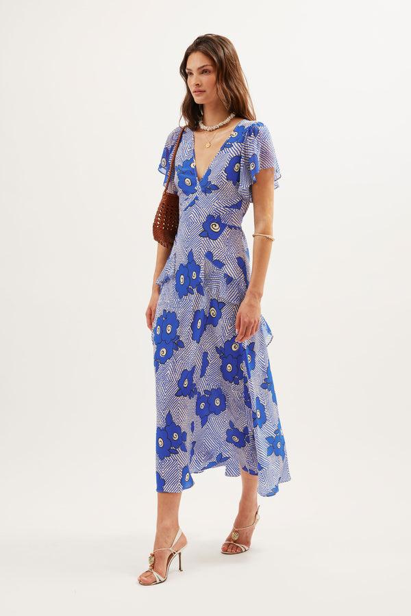 Rixo Evie Silk Midi Dress Milos Floral Blue