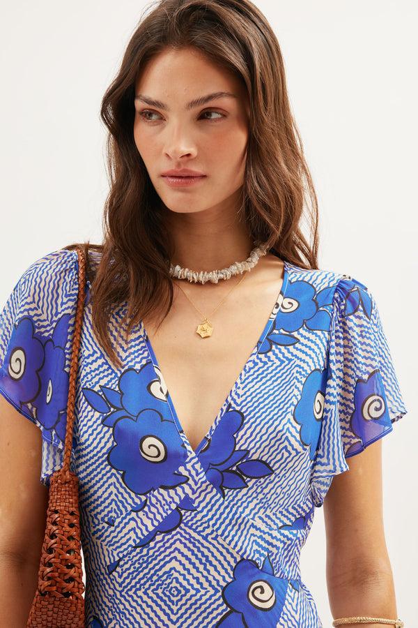 Rixo Evie Silk Midi Dress Milos Floral Blue