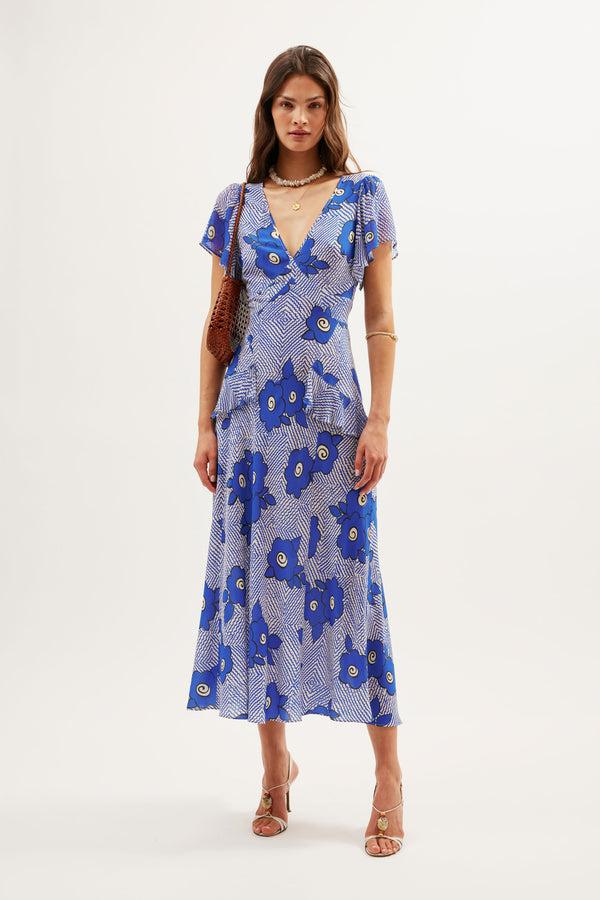 rixo Evie Silk Midi Dress Milos Floral Blue