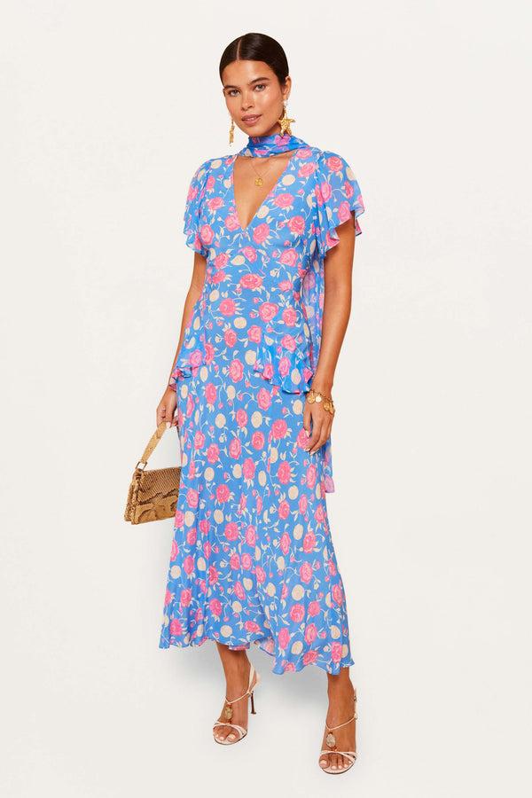 rixo Evie Silk Midi Dress Rose Shell Blue