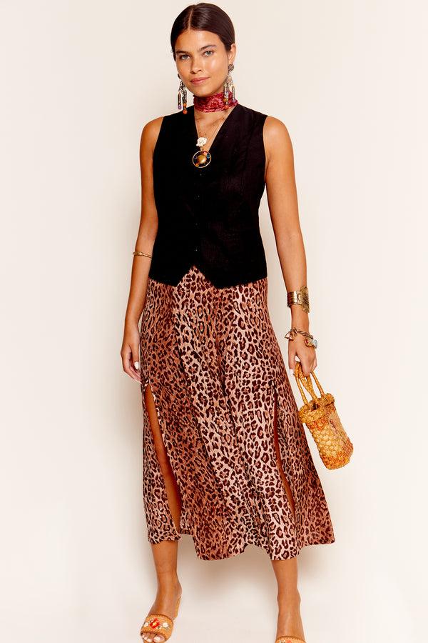 Rixo Georgia Silk Midi Skirt Leopard