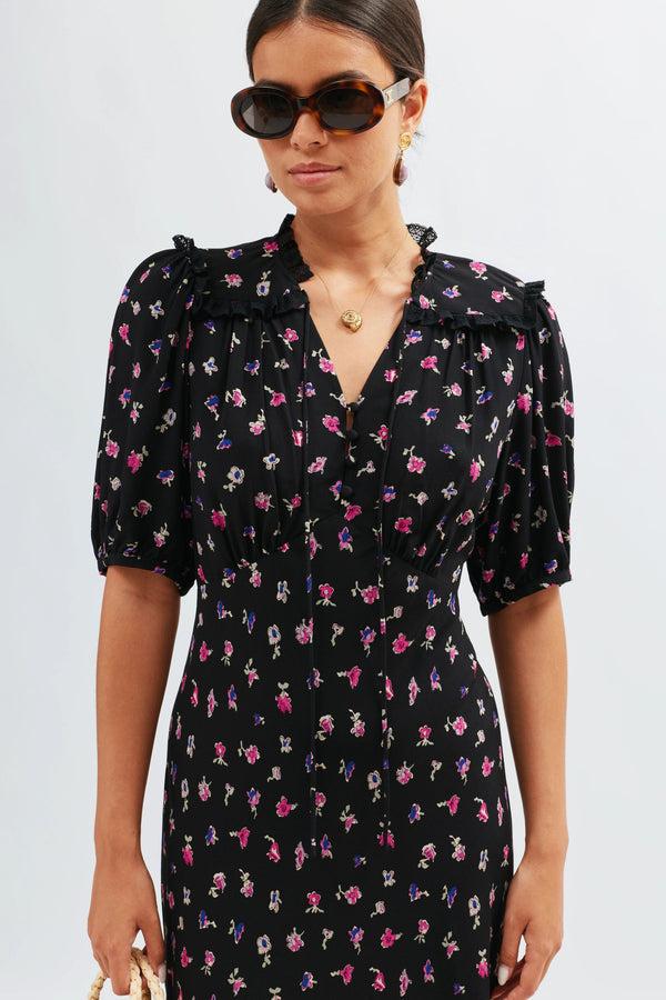 Rixo Gwen Midi Dress French Ditsy Black