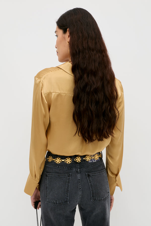 Rixo Havan Silk-Satin Top Gold