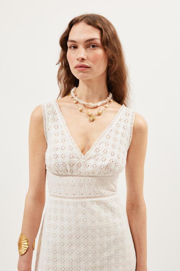 Rixo Jocelyn Broderie Cotton Dress Ivory