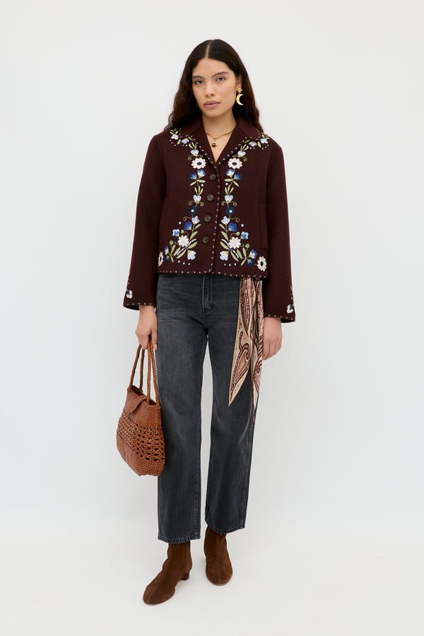 Rixo Jude Wool Jacket Bliss Embroidery Brown