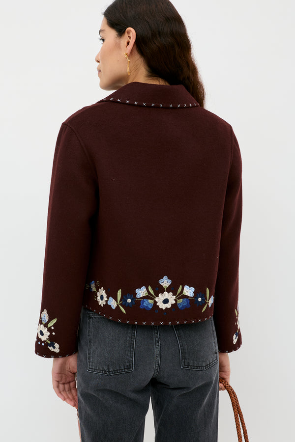 Rixo Jude Wool Jacket Bliss Embroidery Brown