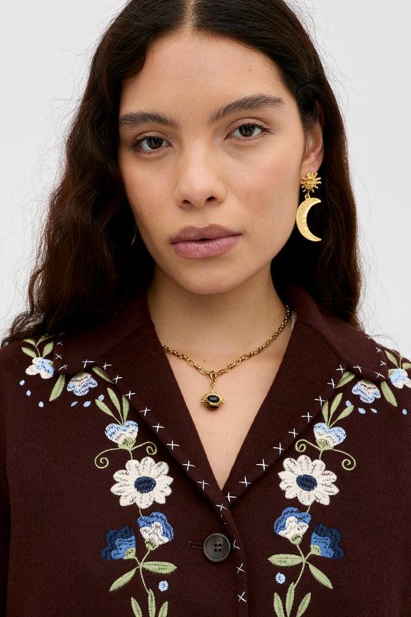 Rixo Jude Wool Jacket Bliss Embroidery Brown