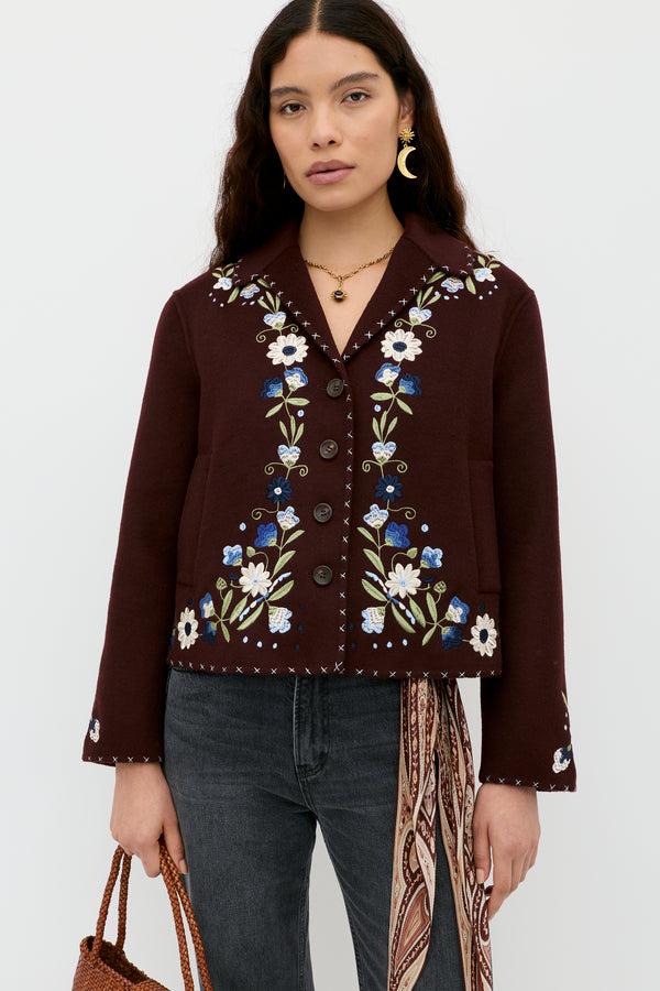 rixo Jude Wool Jacket Bliss Embroidery Brown