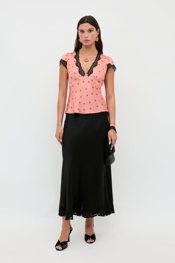 Rixo Karia Satin Top Peonies Ditsy Coral