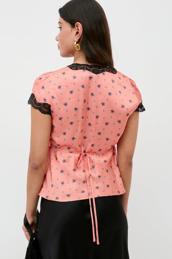 Rixo Karia Satin Top Peonies Ditsy Coral