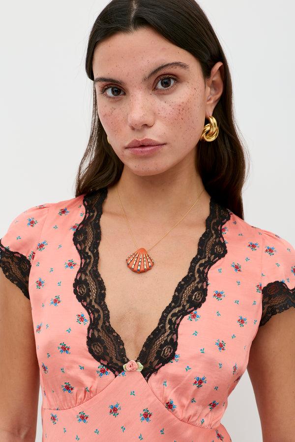 Rixo Karia Satin Top Peonies Ditsy Coral