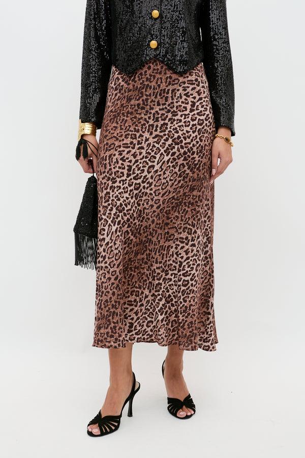 Rixo Kelly Silk Midi Skirt Leopard Brown