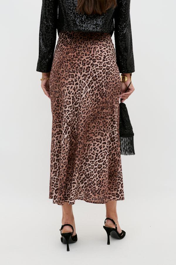 Rixo Kelly Silk Midi Skirt Leopard Brown
