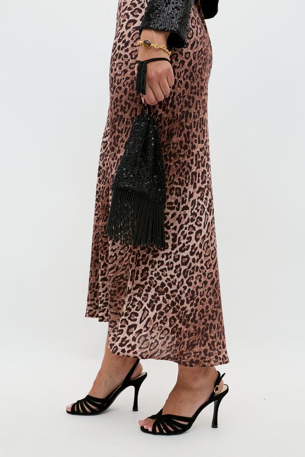 Rixo Kelly Silk Midi Skirt Leopard Brown