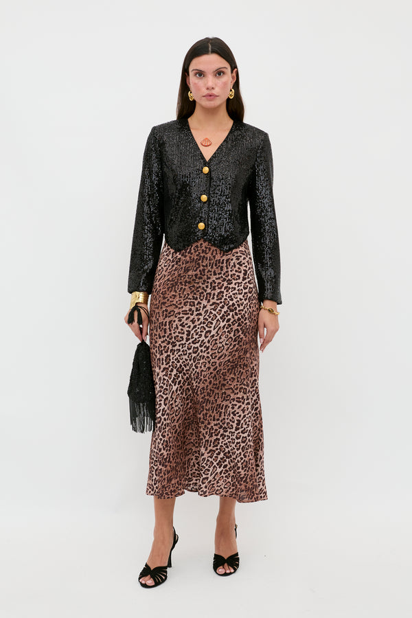rixo Kelly Silk Midi Skirt Leopard Brown
