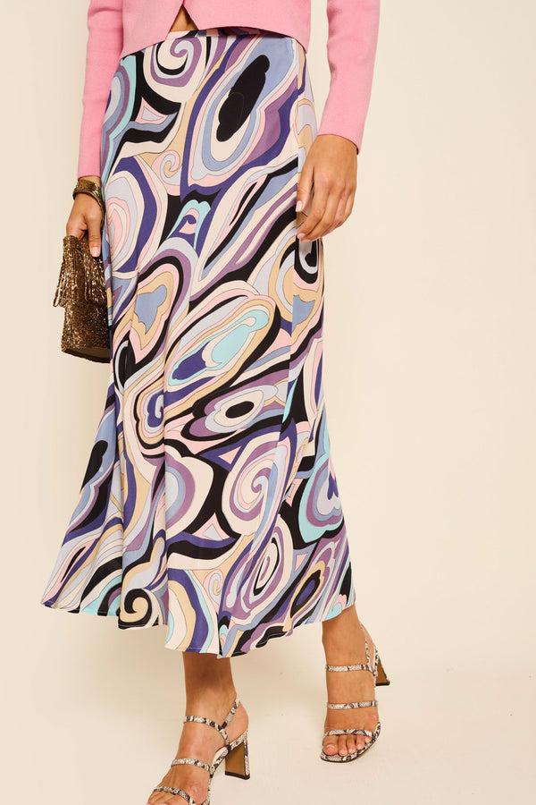 Rixo Kelly Silk Midi Skirt Marble Ocean