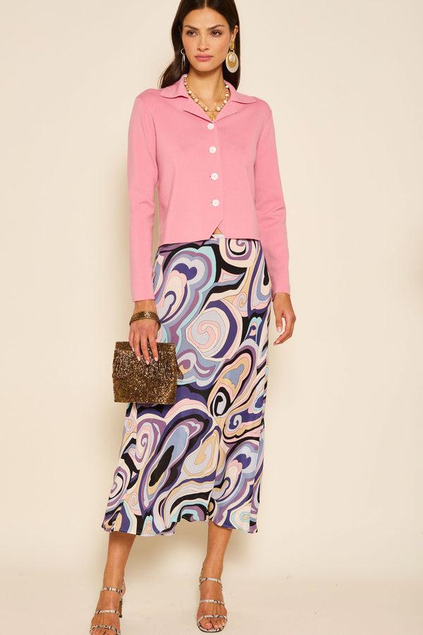 Rixo Kelly Silk Midi Skirt Marble Ocean