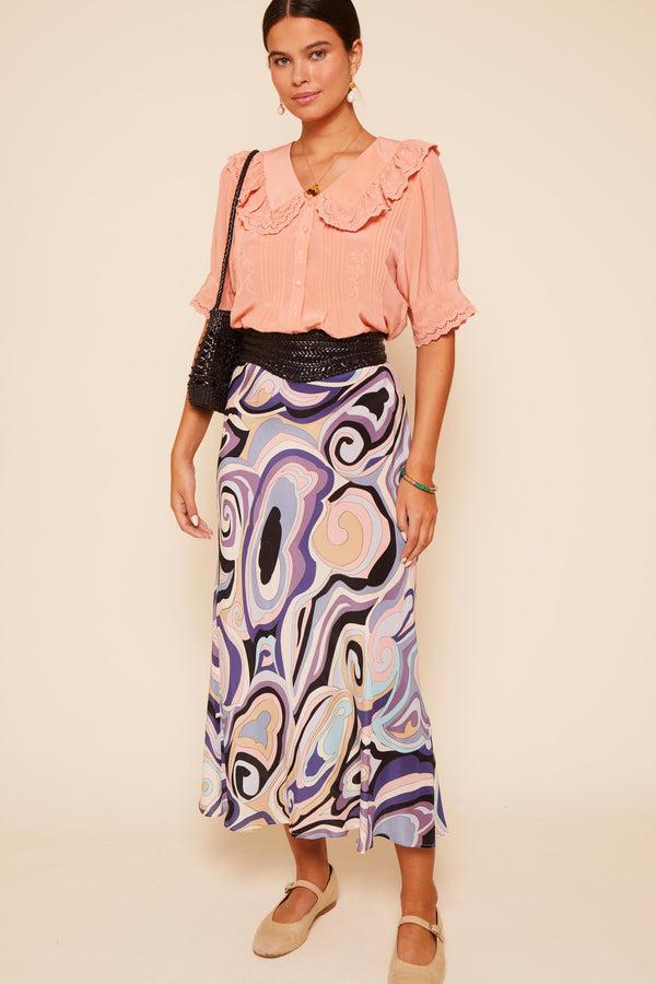 Rixo Kelly Silk Midi Skirt Marble Ocean