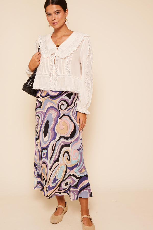 rixo Kelly Silk Midi Skirt Marble Ocean
