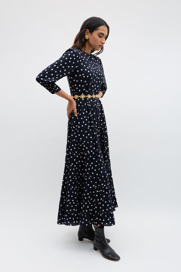 Rixo Kristen Midi Dress Bohemia Spot Deep Navy