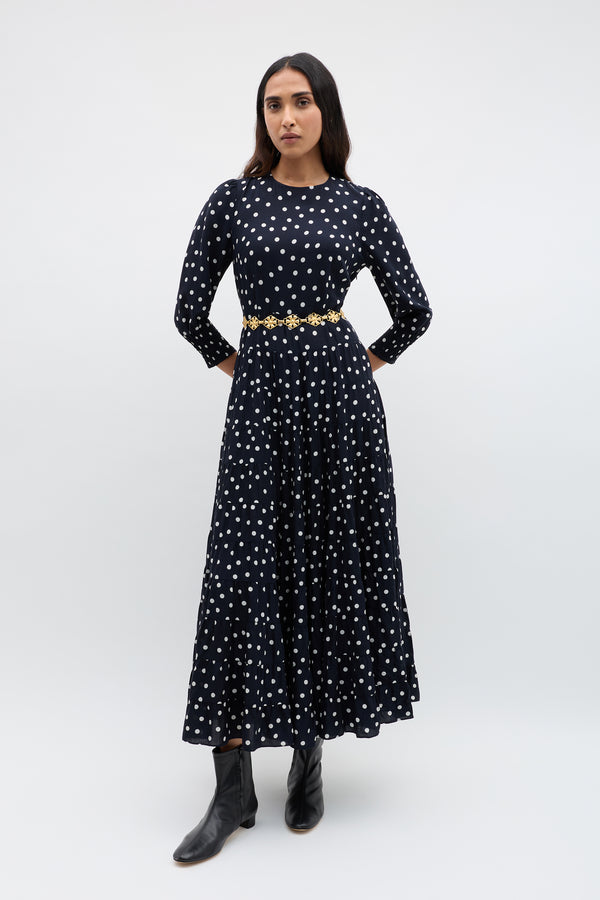 rixo Kristen Midi Dress Bohemia Spot Deep Navy